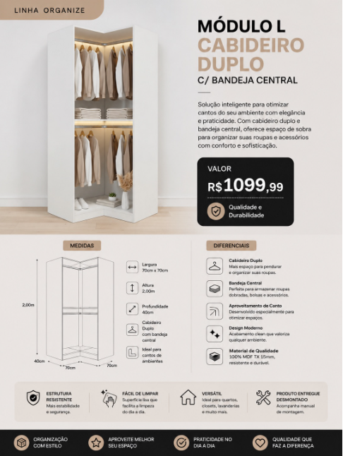 Módulo L Cabideiro Duplo — Módulo de canto com cabideiro duplo e bandeja central.