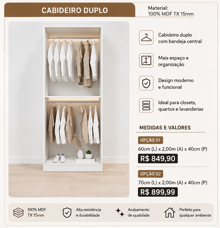 Cabideiro Duplo 60 cm — Cabideiro duplo com bandeja central para ampliar a organização.