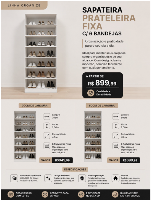 Sapateira Prateleira Fixa 60 cm — Sapateira com seis prateleiras fixas.