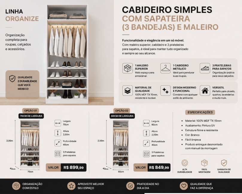 Cabideiro Simples com Sapateira 60 cm — Maleiro, cabideiro e três prateleiras para sapatos.