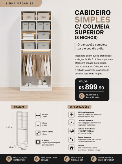 Cabideiro Simples com Colmeia — Cabideiro metálico com colmeia superior de oito nichos.