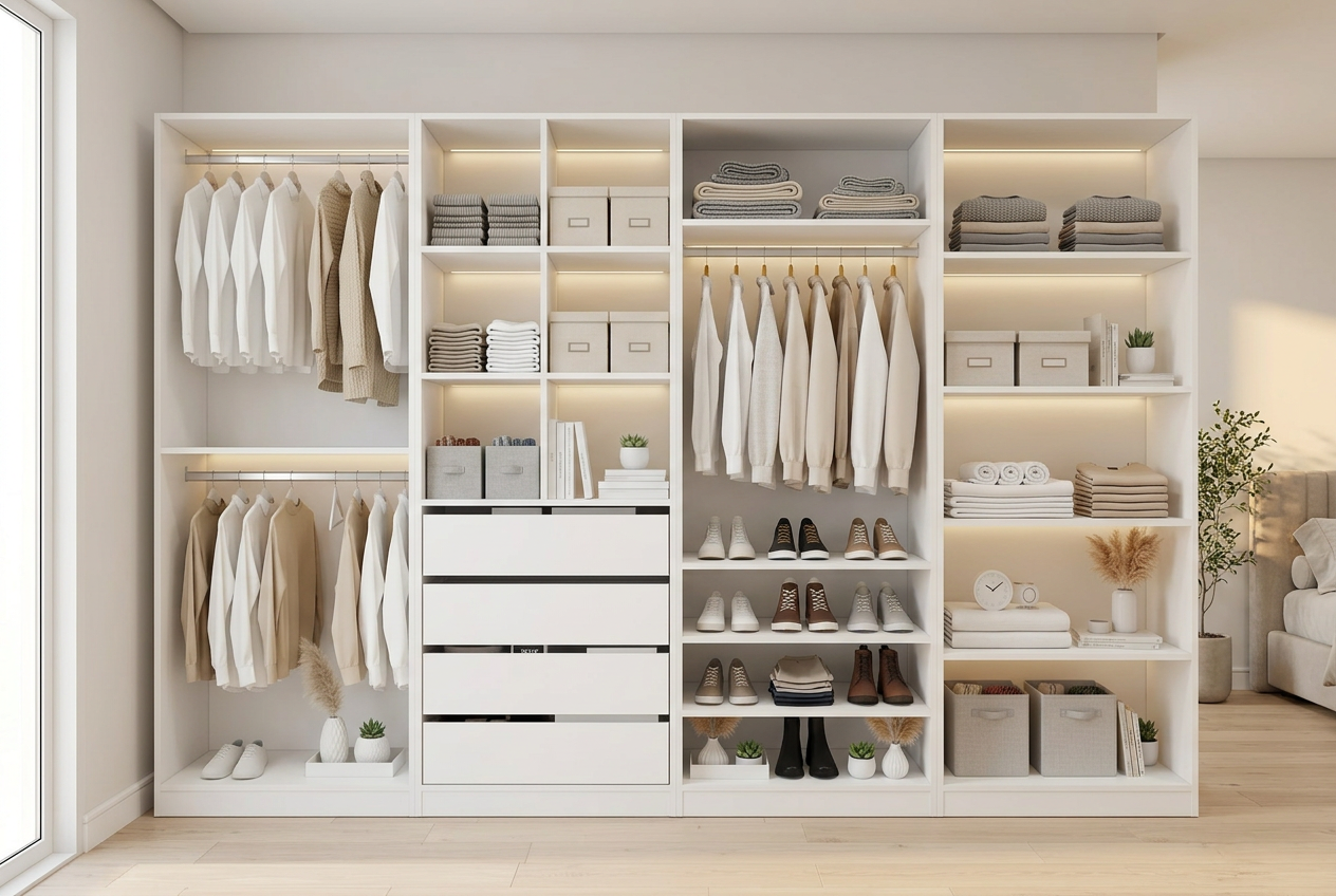 Quadra Completo com 4 módulos de closet alinhados lado a lado