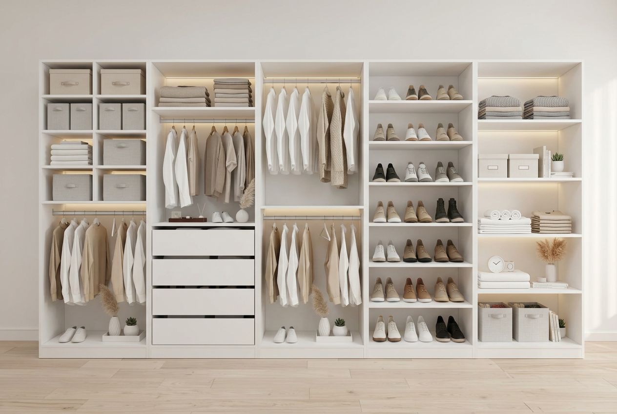 Master Organização com 5 módulos de closet alinhados lado a lado